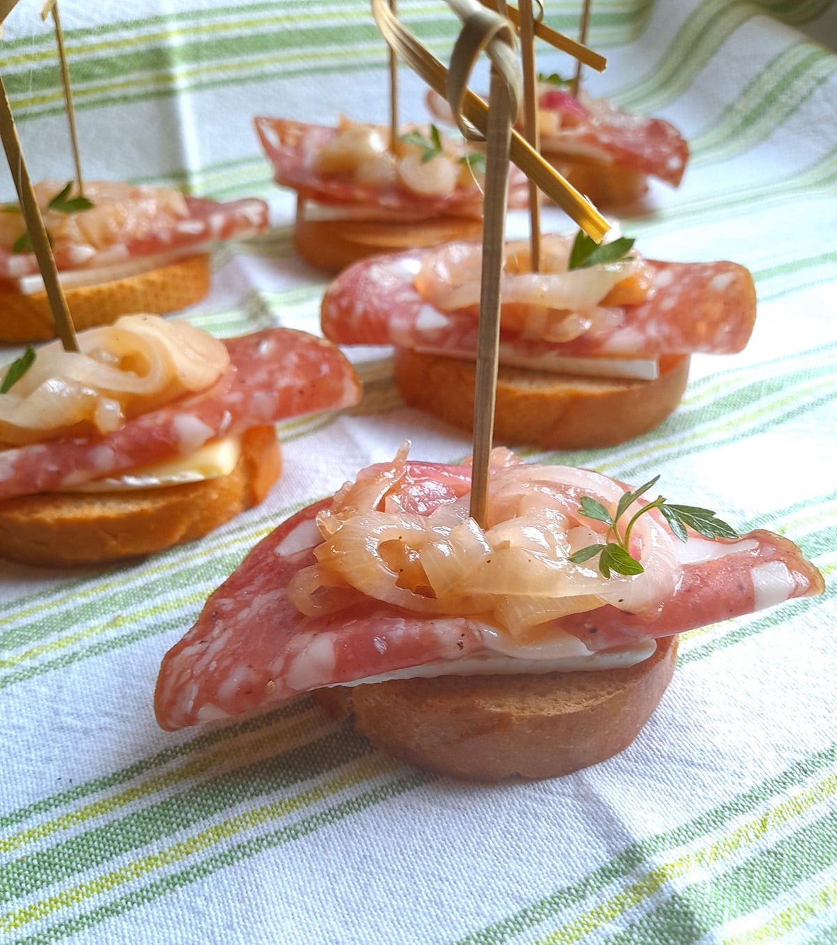 Crostini con Salame, brie e cipolla 